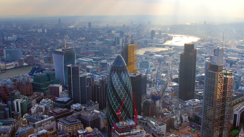 4K Aerial shot of Central London with view of the River Thames, The City Financial District, Liverpool Street, Gherkin, London Eye, Blackfriars, Tate Modern, St Paul's Cathedral