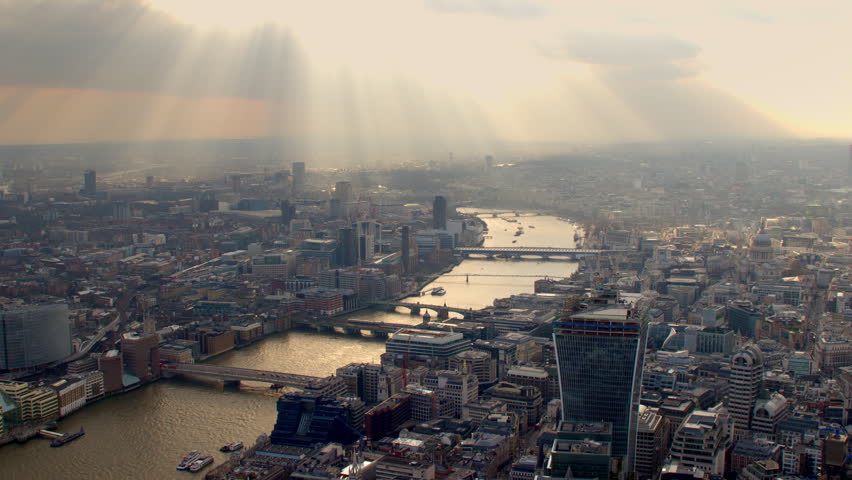 4K Aerial shot of Central London with view of the River Thames, London Eye, Blackfriars, Tate Modern, Blackfriars, St Paul's Cathedral Royalty-Free Stock Footage #5522576
