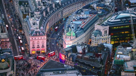 4K Aerial shot of Central London with view of Piccadilly Circus, Regent Street