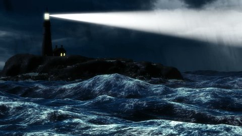 Lighthouse projecting a beam of light into vast darkness of stormy ocean 