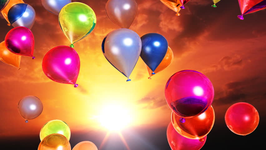 Colorful balloons flying and sunset time lapse clouds