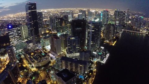 Aerial video footage of Brickell Miami at night