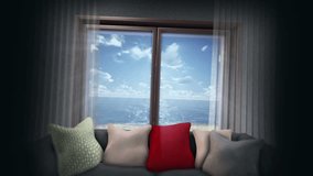 concept animated vacation background with open window and ocean beach view