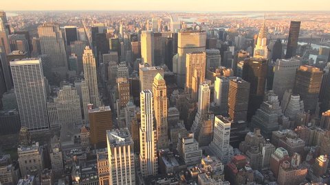 NEW YORK - USA, APRIL 21, 2013, Aerial view of skyscraper of business district at sunset