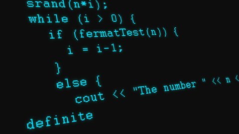C++ programming code running down a computer screen terminal