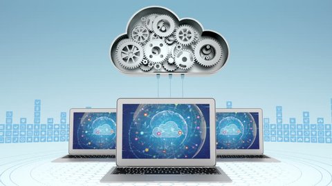 Cloud computing concept with three laptops