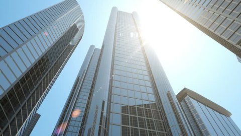 Animation of Modern Corporate Buildings with Sun Rays breaking through Glass Skyscrapers. HQ Video Clip