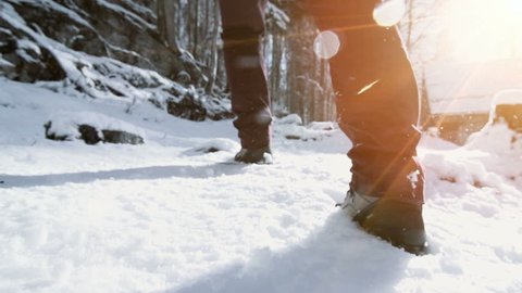 foot feet steeps. hiking walking. slow motion. snow winter landscape. recreation activity. holiday vacation tourism. people persons. outdoors sports