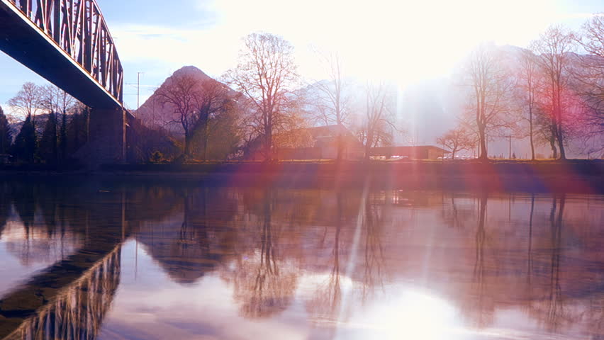 colorful sunset panorama view. water reflection. nature landscape. lake river pond