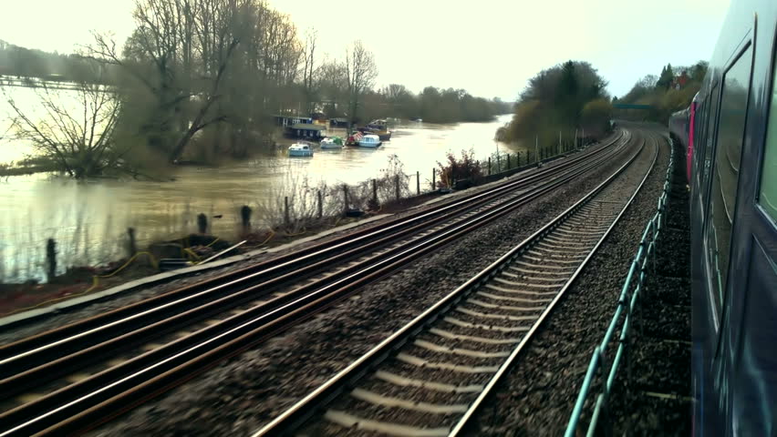On board an HST High Speed 125 train in the UK with flooded river alongside. Part 1.