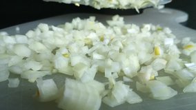 Scene of peeled onion being concentrated  with knife high definition footage  - Onion with knife arranging in FullHD 1920X1080
