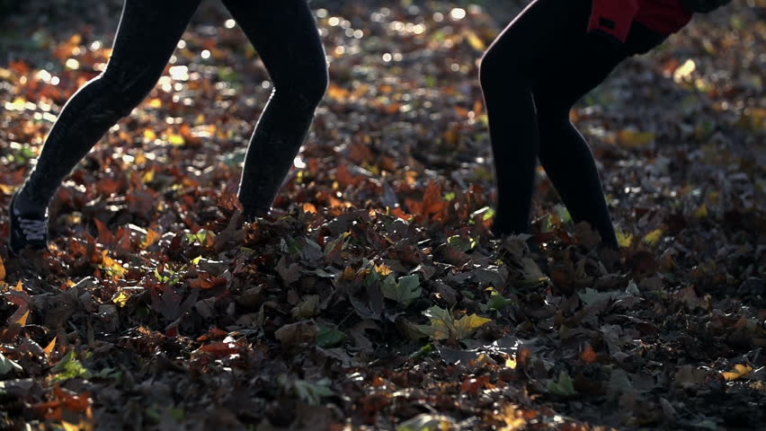 Girls kick autumn leaves one toward another