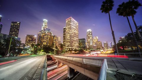 Downtown Los Angeles city traffic at night. 4K Timelapse.