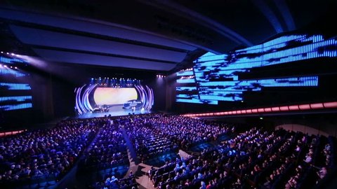 MOSCOW, RUSSIA - OCT 14, 2012: Audience and perform on stage at anniversary concert of Edita Piecha in Kremlin Palace. Famous Russian singer Edita Piecha sings on stage 55 years.