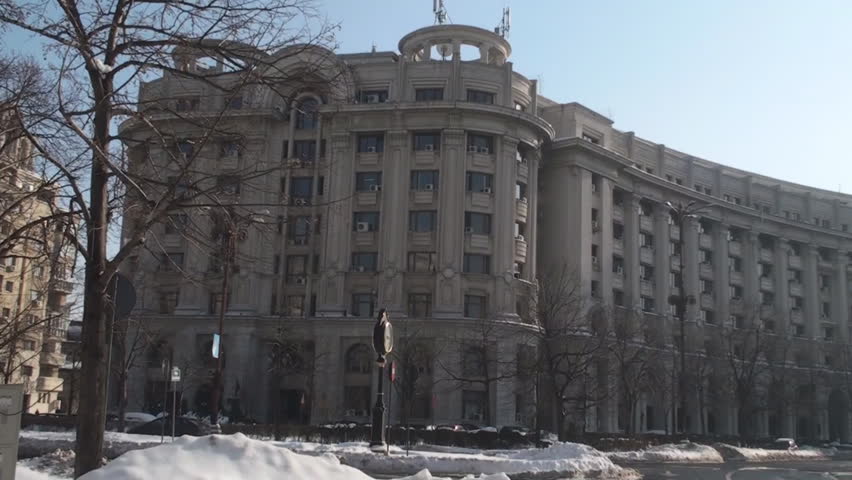 Ministry Of Justice Building In Downtown Bucharest Pan-Shot