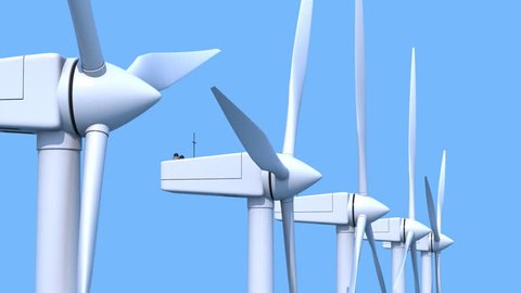 Row of rotating wind power generators on blue background