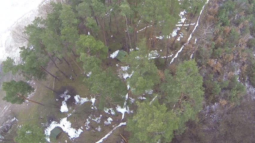 Lake and wood  in  winter..Aerial top view