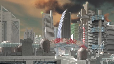 HD Fly over 3d Model of Sci-Fi city  with futuristic architecture and skyscrapers 