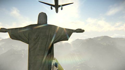 Plane arriving or departing from Rio de Janeiro and flying over the Christ the Redeemer