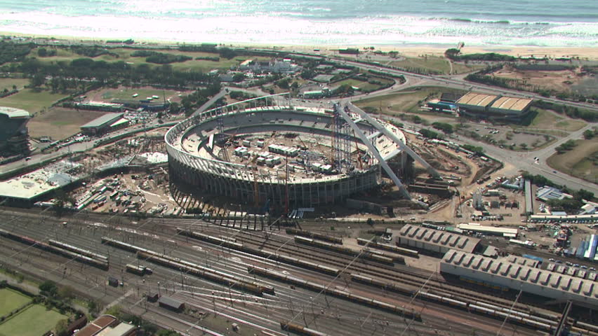Aerial of the building of Moses Mabhida soccer stadium in Durban, South Africa in 2009. 