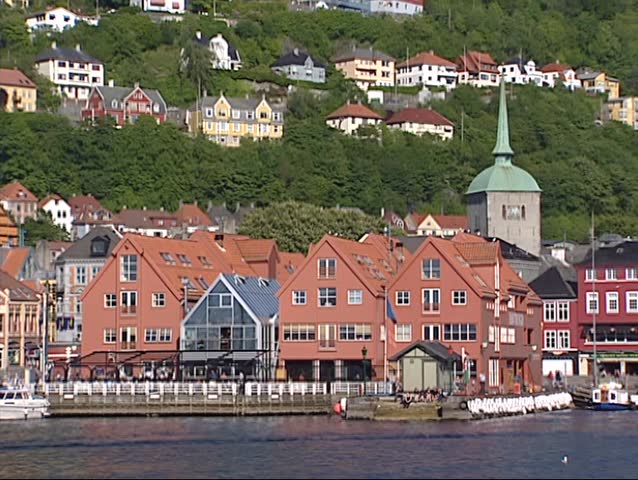 BERGEN, NORWAY - JUNE 2001: Market hall, restaurants, fish market Torget in Bergen city center.