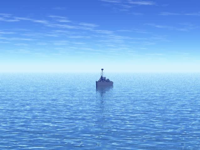 30 second clip, no audio of a ww2 battleship crossing by the camera on a relatively clear day in the ocean