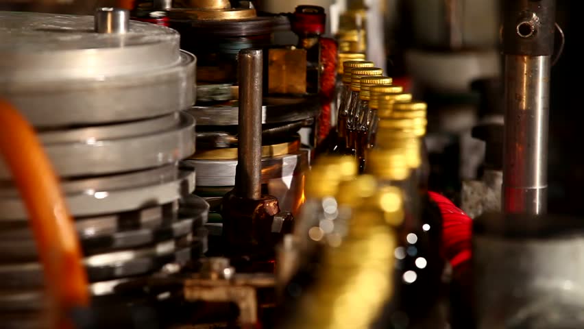 Liquor bottles on a production line in a factory