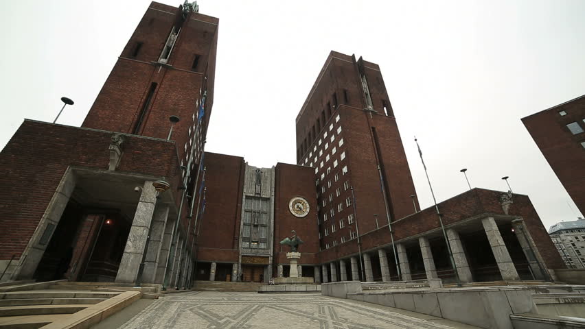 City Hall Oslo Norway. Housing the city council and city administration. The Nobel Piece Prize Ceremony is held in this building every year. Wide angle view of the main entrance area