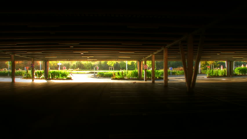 Underground parking sunset lights, HD time lapse clip, high dynamic range