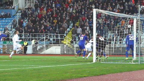 RIJEKA, CROATIA FEBRUARY 19: soccer play off match NK Rijeka (white) vs. NK Osijek (blue) on February 19, 2014 in Rijeka.
