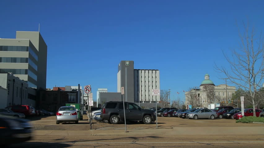 Jackson, Mississippi - February, 2013 - Modern day view of the site of the "Raising the Stars and Stripes Over the Capitol the State of Mississippi," engraving from Harper