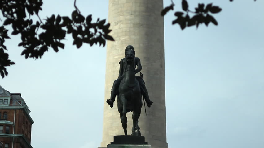 Baltimore, Maryland - March, 2013 - The Lafayette Monument, a bronze equestrian statue of Gilbert du Motier, marquis de Lafayette, located in the South Garden, at Mount Vernon Place, Baltimore.