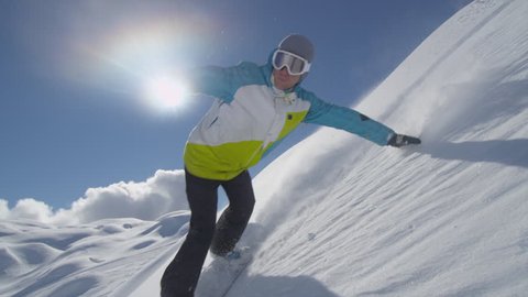 SLOW MOTION: Snowboarder rides pass the camera