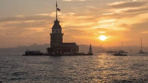 4K Time-Lapse video clip of a sunset view over Maiden's Tower located on Bosphorus in Uskudar, Istanbul, Turkey.
