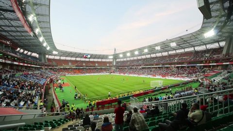 MOSCOW, RUSSIA - AUG 15, 2012: Grandstands and football field on match between Russia national team and Ivory Coast at Lokomotiv Stadium. Game ended with score 1:1.