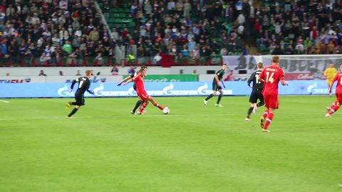 MOSCOW, RUSSIA - SEP 7, 2012: Players run at game Russian team against Northern Ireland on Lokomotiv Stadium. Match ended 2-0 in favor of Russia.