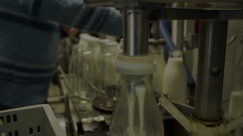A machine is automatically filling glass bottles with freshly made Yogurt.