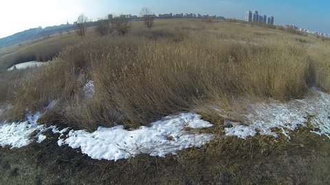 Aerial view of the frozen Vacaresti Delta in Bucharest, Romania, shot from a drone