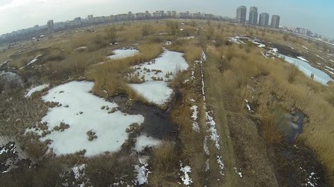 Aerial view of the frozen Vacaresti Delta in Bucharest, Romania, shot from a drone