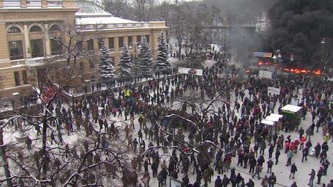 KIEV, UKRAINE - JANUARY 21, 2014: Protesters attacked police during clashes on the street Grushevskogo.