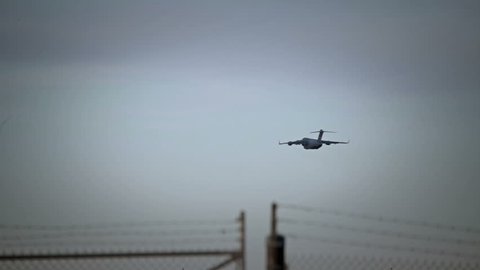 Military transport jet taking off at Keflavik airport, Iceland