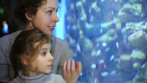 Mother and her little daughter look at habitants of sea aquarium