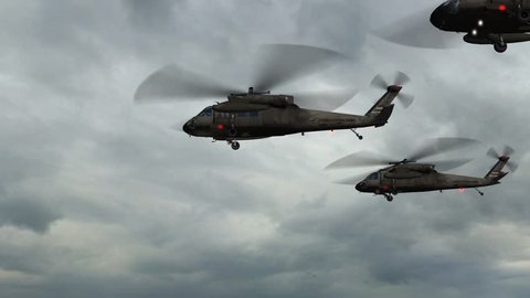 Black Hawk Helicopter fly over in stormcloud and lightning