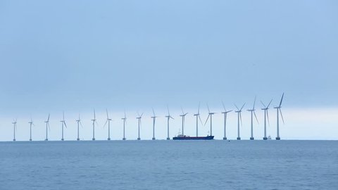 Offshore wind turbines at the sea in Copenhagen, Denmark
