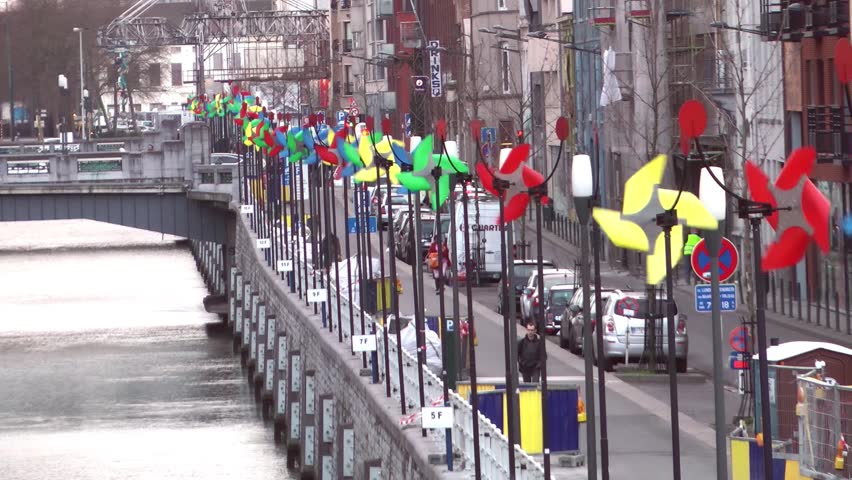 Brussels – Feb 2014: Colorful Windmills Moulin à vent
Circa: February 2014: Sainctelette Bridge, Charleroi Canal, Brussels, Belgium