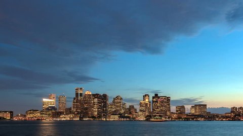 Time lapse Boston Skyline from Twilight to Night -tilt shot down