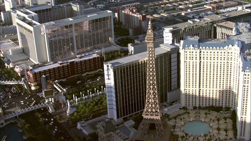 Las Vegas Nevada Buildings. Overhead view of the mock Eiffel Tower of the Paris Hotel and Casino in Las Vegas, Nevada and its pool area