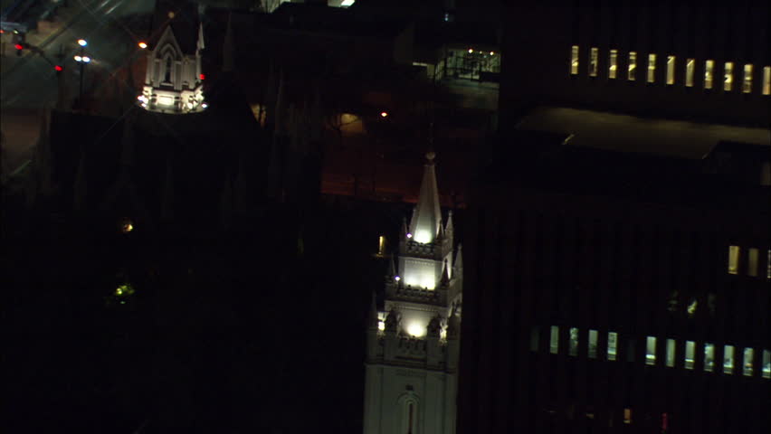 Skyline Salt Lake City. Overview of a portion of the skyline in Salt Lake City, Utah. Features brightly lit city streets and illuminated buildings.
