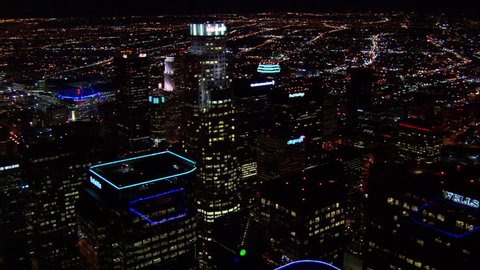 Los Angeles Downtown Night. This clip is an aerial shot tracking over downtown Los Angeles at night.