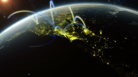 Global Network. Animation showing a data network spreading across the world. Created in 4K.